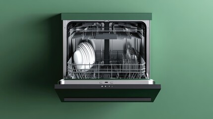 Built-in dishwasher with open racks, neatly placed on a green background, top view.