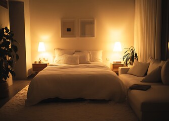 A cozy, white and warm bedroom at night with a comfortable bed, lamps on side tables, and a sofa in the corner of the room