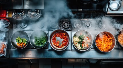 Commercial hot kitchen with multiple gas burners, freshly cooked dishes, and an immaculate stainless steel surface, top-down shot.