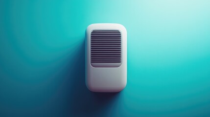 Compact and stylish portable air conditioner, neatly positioned on a vibrant cyan background, top-down shot.