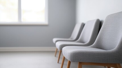 A minimalist interior featuring stylish gray chairs lined against a soft blue wall, with natural light streaming through a window.