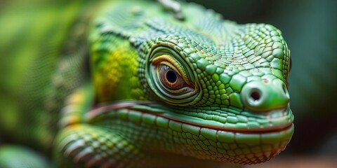 Fototapeta premium A close up shot of an iguana lizard showing its intricate scales and texture, eyes, green, skin