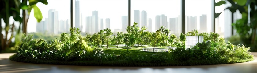 Fototapeta premium A modern urban landscape featuring lush greenery, designed for sustainability, with a view of skyscrapers through large windows.