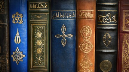 Fototapeta premium A collection of book spines displaying the names of major world religions, including Judaism, Islam, Catholicism, Hinduism, Buddhism, and Protestantism, symbolizing religious diversity and knowledge. 