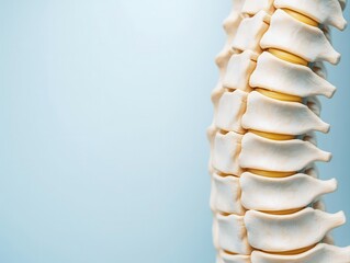 A close-up of a human spine model, showcasing vertebrae and intervertebral discs against a light blue background.