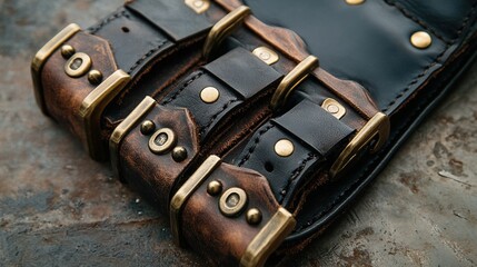 Close-up of three handcrafted leather belts with brass buckles and rivets on a textured surface.