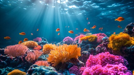Naklejka premium Underwater coral reef, vibrant colors, sunlight rays, marine life. Possible stock photo use