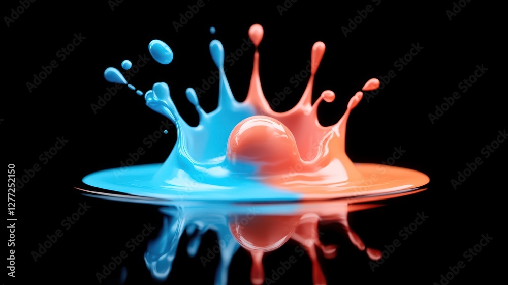 Aufkleber abstract image of a vibrant blue and coral paint splash with reflection on a black background.