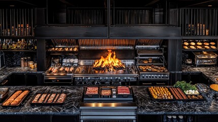 High-end hot kitchen with a clean open flame grill, neatly arranged spices, and polished countertops, top-down shot.
