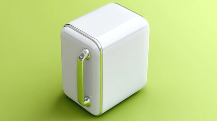 Mini fridge with a sleek design, perfectly placed on a green surface, top-down shot.