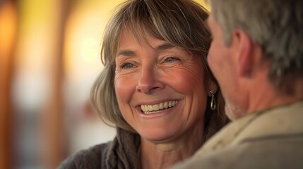 A woman smiles brightly while engaging in conversation with her partner, surrounded by a warm evening atmosphere