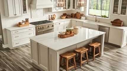 Fototapeta premium Open-concept European kitchen with a spacious island, pendant lighting, and seamless white countertops, top-down shot.