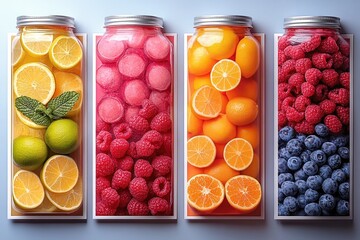 Vibrant fruit jars showcasing fresh ingredients for smoothies and desserts