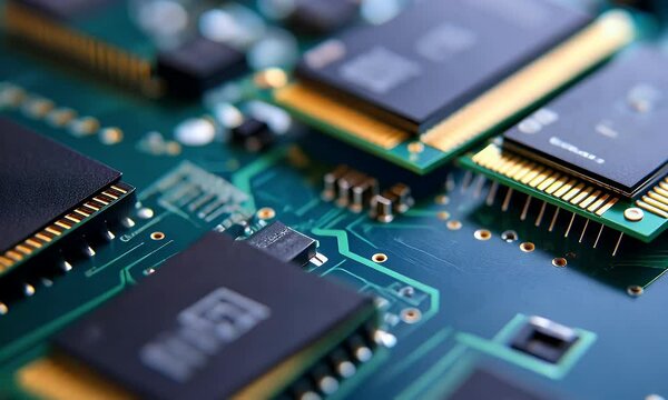 Close-up RAM modules on circuit board, tech background, data processing