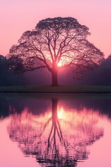 Majestic tree silhouetted against a stunning sunrise reflected in still water