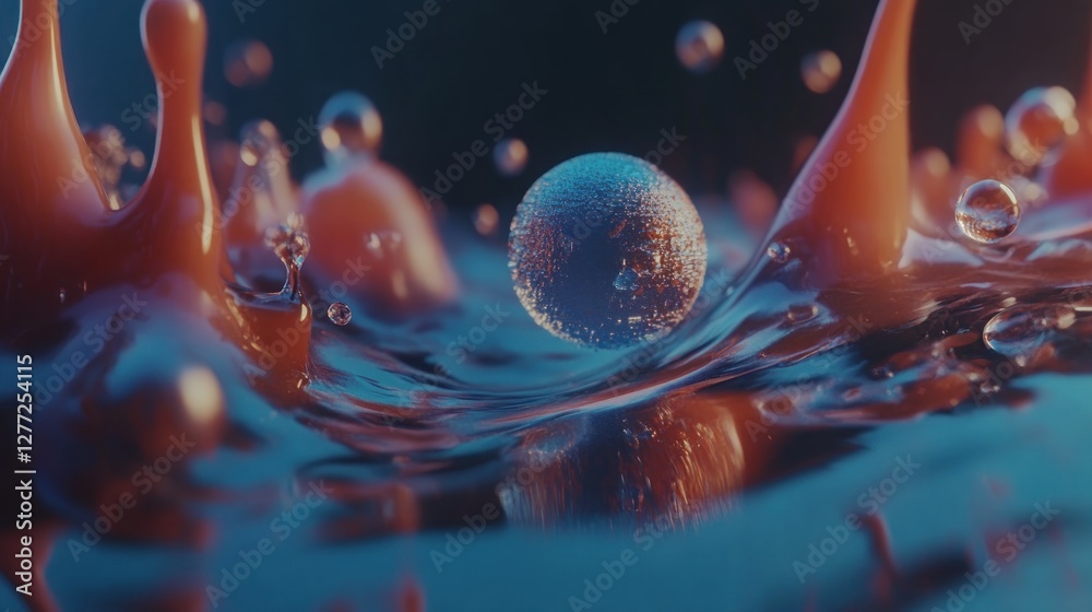 Leinwandbilder Abstract metallic sphere floating on vibrant liquid surface with dynamic splashes and bubbles.