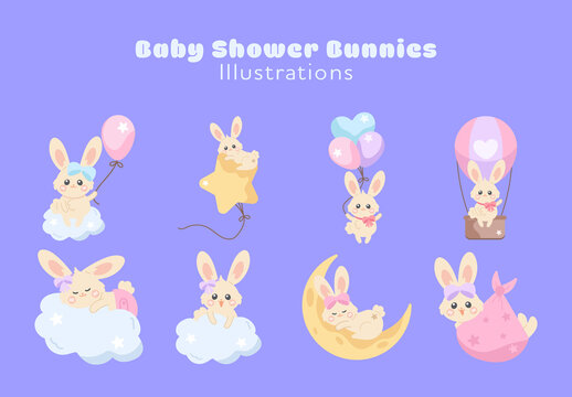 Colorful Cute Baby Shower Bunny Cloud and Moon Illustration Set