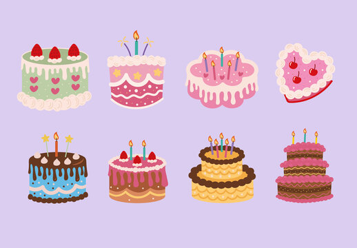 Colorful Cute Hand-Drawn Birthday Cakes and Candles Illustration Set