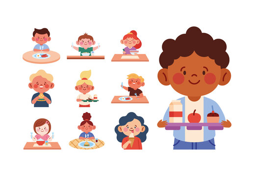 Colorful Cute Children Eating Healthy Food Illustration Set