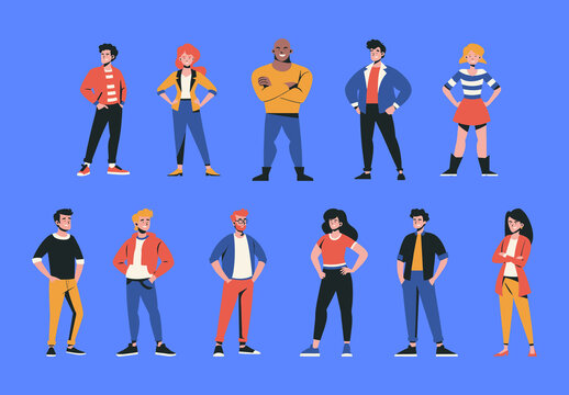 Colorful Flat Modern People Standing and Posing Illustration Set