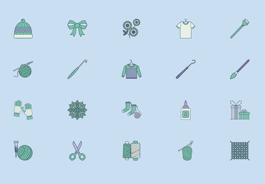 Green Minimalist Crocheting and Knitting Tools Illustration Set