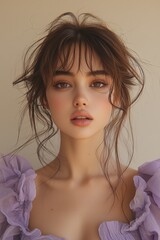 Portrait of a young woman with soft features and a light purple dress against a neutral background displaying natural beauty