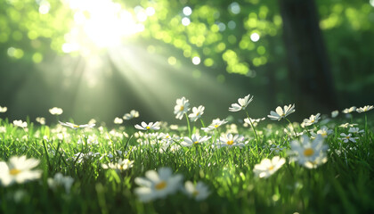 Fototapeta premium peaceful wildflower meadow under soft sunlight creates serene atmosphere