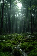 Obraz premium Misty forest pathway illuminated by sunlight filtering through tall trees during the early morning hours