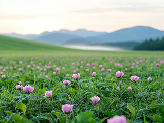 Obraz premium wildflower meadow basking in soft glow of sunrise