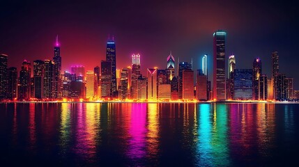 Naklejka premium Vibrant neon light cityscape high resolution wallpaper