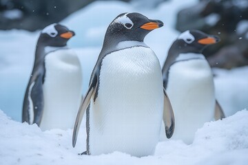 Fototapeta premium Penguins standing on snowy coast with icebergs in the background
