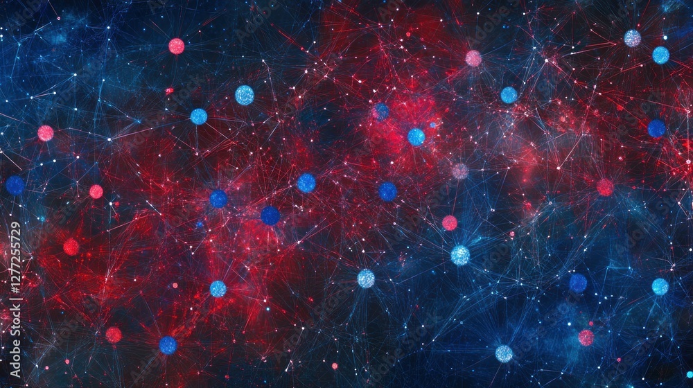 Poster abstract network connection background with red and blue nodes and lines.