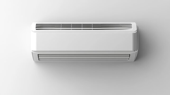 Wall-mounted split AC unit with cooling fins on a light grey background, top view.