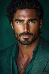 Obraz premium Portrait of a man with striking features and intense gaze captured against a dark green background