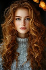 Fototapeta premium Beautiful young woman with curly red hair wearing a cozy sweater and captivating blue eyes in warm lighting