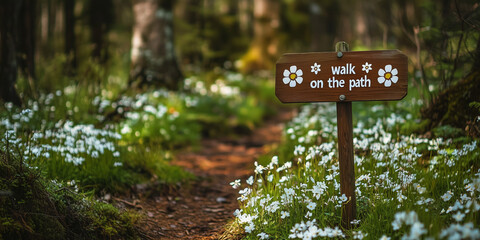 Forest Sign Saying "Walk on the Path" Amidst Dainty Flowers

