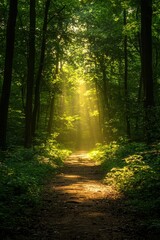 Obraz premium Sunlight filters through trees along a peaceful forest path during a serene summer afternoon