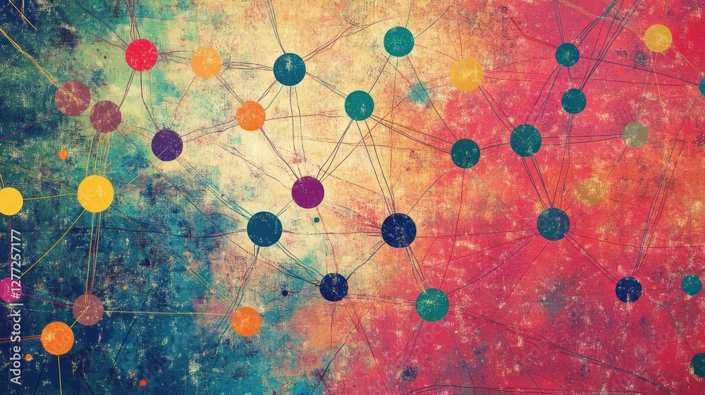 Poster abstract network connection graphic with colorful nodes and lines on a textured background.