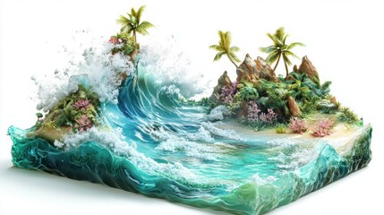 Tropical island miniature with crashing wave, palm trees, rocks, coral.