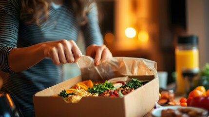 A woman unboxing meal kit with fresh ingredients and vibrant colors, showcasing excitement and anticipation