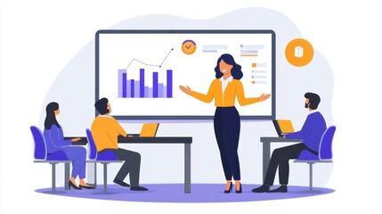 A professional Indian businesswoman presents insights on business performance metrics to a group of executives in a meeting room.