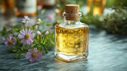 Essential Oil in Clear Glass Bottle with Cork Stopper near Pink Flowers