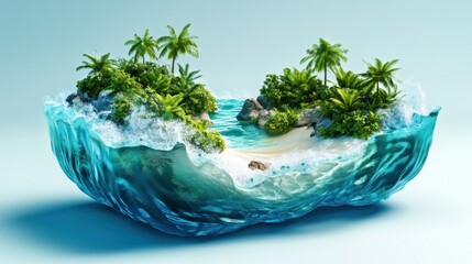 Tropical island paradise with lush vegetation, sandy beach, and turquoise water, depicted in a surreal, floating style.