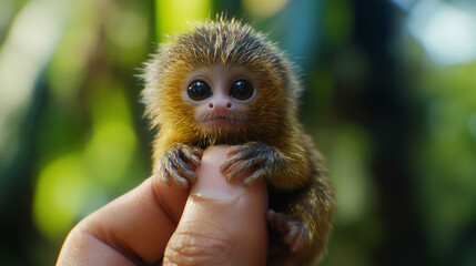 Fototapeta premium Smallest Primate in the World – Pygmy Marmoset Holding a Finger