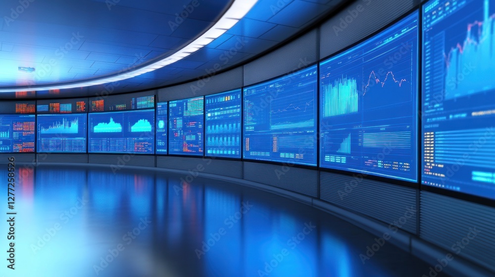 Wall mural curved screens display data in control center