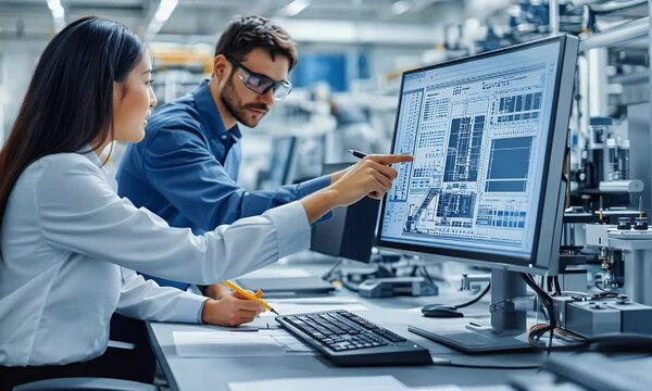 Engineers collaborate on computer design in factory