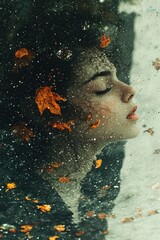 Woman immersed in reflective water adorned with autumn leaves, creating a serene atmosphere at twilight