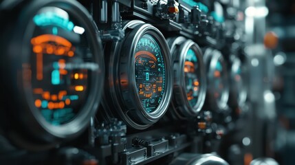 Futuristic Control Panel with Illuminated Gauges and Indicators