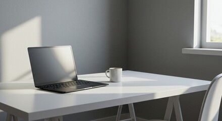Fototapeta premium Minimalist workspace with a clean desk, laptop, and a cup of coffee