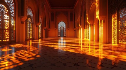 Majestic Empty Hall with Intricate Windows and Warm Sunset Glow